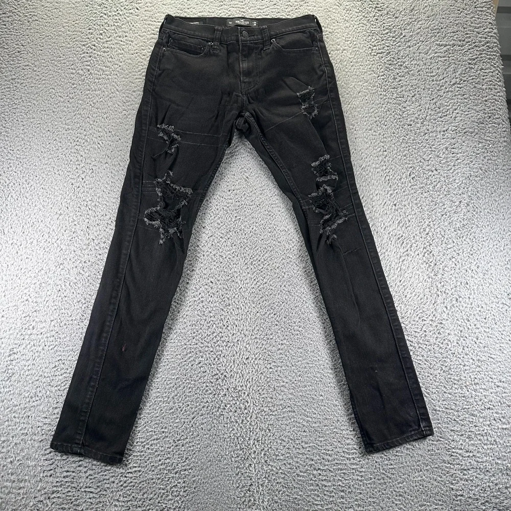 Hollister Jeans Mens 30x32 Black Cotton Denim Skinny Stretch Distressed Workwear